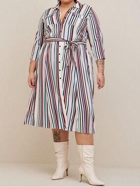Torrid Midi Stretch Challis Button Front Shirt Dress Multi Stripe size 1 1X